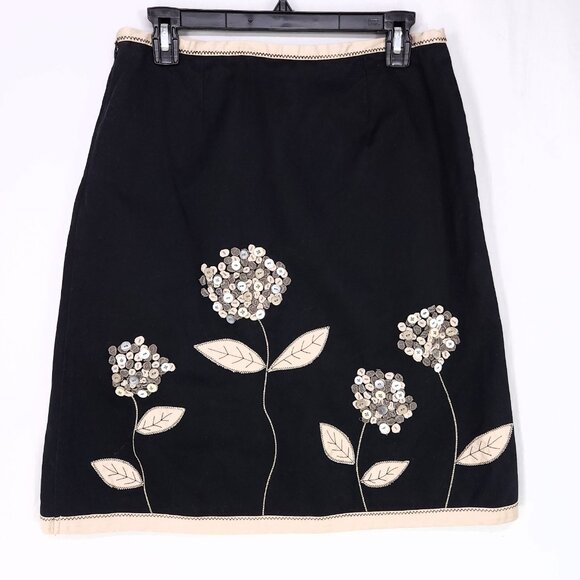 Boden A-Line Skirt 10UK (6US) Applique Button Flowers Detail Black Beige Trim - Picture 3 of 12
